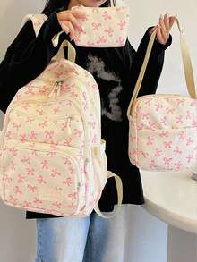 尼龙蝴蝶结印花背包套装，可折叠多口袋大容量防水拉链背包，适合高中生、大学生、女士、日常使用、通勤、旅行、情人节礼物