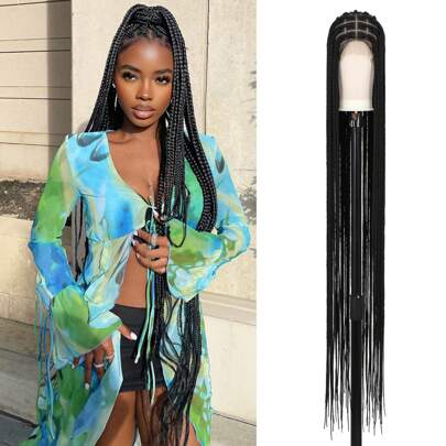 56" Full Double Lace Large Knotless Box Braided Wigs With Baby Hair Handmade Super Long Braided Lace Front Wig For Women Synthetic Embroidery Lace Knotless Cornrow Braids Wig Daily Used