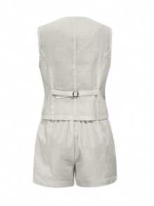 Women's Linen Sleeveless Blazer Vest And Shorts Set, Casual Holiday Outfit Spring/Summer - Light Grey - View 2