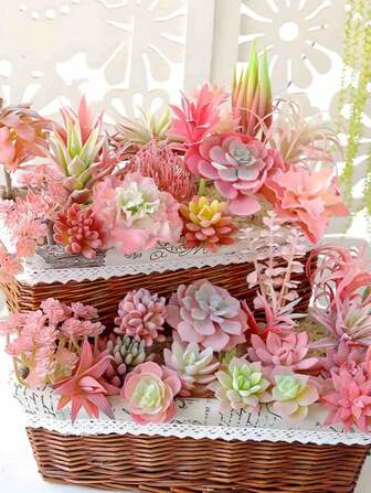 12 件-人造多肉植物花盆，长方形木质花盆装饰，桌面中心装饰，窗台绿植装饰，各种非盆栽逼真植物假纹理多肉采摘逼真塑料仙人掌茎多肉花园家居装饰，家居夏季绿盆装饰，活动派对装饰。情人节派对装饰品（颜色随机）