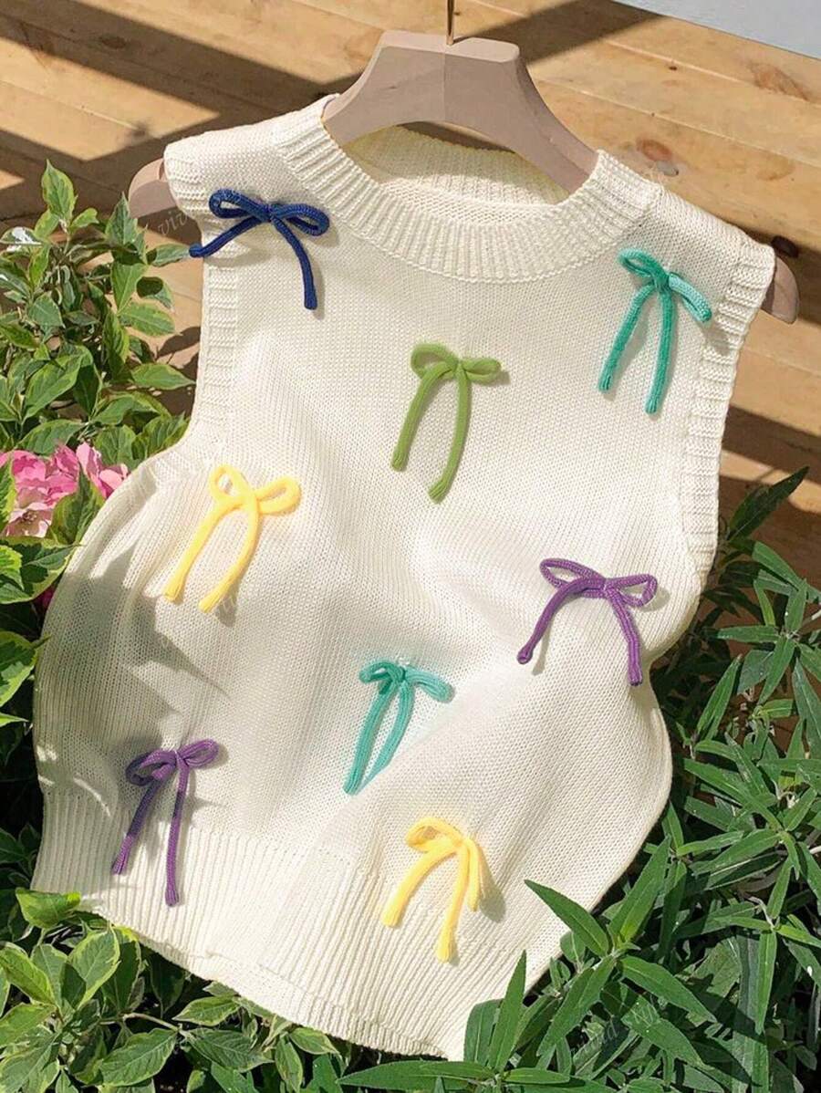 Vivid Style Sweet Dopamine Colorful Three-Dimensional Bow, Ageing Versatile Vest Undershirt, Autumn And Winter Knitwear Sweater, Back To School Clothes, Cute Tops Women