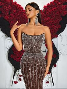 Elisanya Women Beaded Rhinestone Embellished Backless Spaghetti Strap High Waist Cocktail Party Dress - Brown - View 8