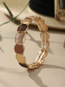 Elegant Vintage Minimalist Style Elastic Zinc Alloy Bracelet For Women - KC Gold Plated Oval Glossy & Matte Design, Versatile For Daily Wear, Formal Events, Sophisticated Gift