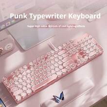 Teclado mecánico de estilo clásico de máquina de escribir EWEADN con retroiluminación blanca, teclas redondas con estética retro, durable, con conexión USB con cable para juegos y uso de oficina en PC - Rosa - Ver 8