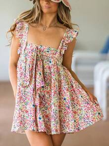 Women Ruffle Trim Babydoll Mini Dress Cute Bow Tie Flowy Sundress Loose Sling Dress Floral Going Out Dresses - Pink - View 4