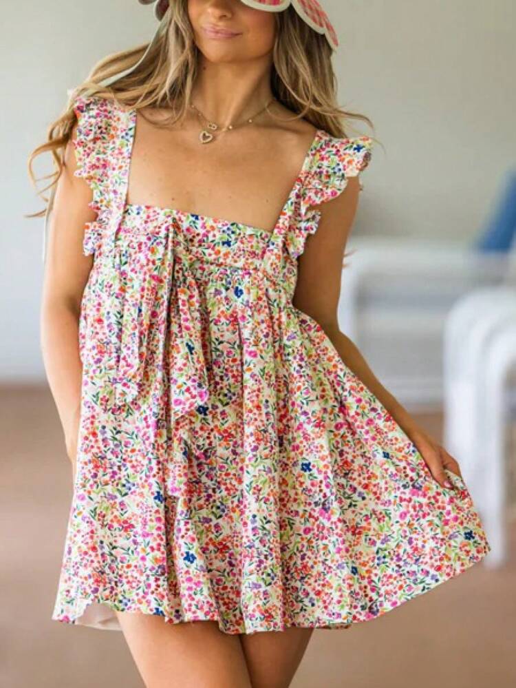 Women Ruffle Trim Babydoll Mini Dress Cute Bow Tie Flowy Sundress Loose Sling Dress Floral Going Out Dresses - 粉色 - 查看 4