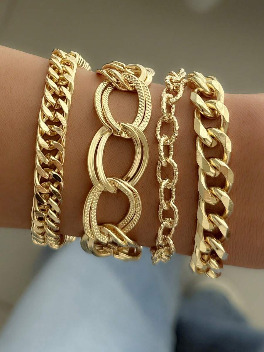 4Pcs Simple Punk Chunky Chain Bracelet Set Metal Link Chain Combo, Ensemble With Rope,And Twisted Designs Multi Layered Bracelet Women's Holiday Dating Gift Daily Matching