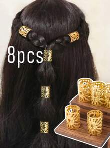 8pcs Bohemian Style Golden Metal Hair Ties, Geometric Hollow Mesh Hair Clips, Elastic Hair Accessories For Girl, Non-Textile Braided Design, Suitable For Daily And Casual Wear