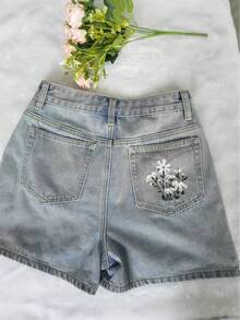 Women's Waist Denim Shorts Summer Casual Baggy Denim Shorts With Pockets, Vintage Denim Shorts With Multiple Bags, Embroidered Shorts - 淺色水洗藍 - 查看 3