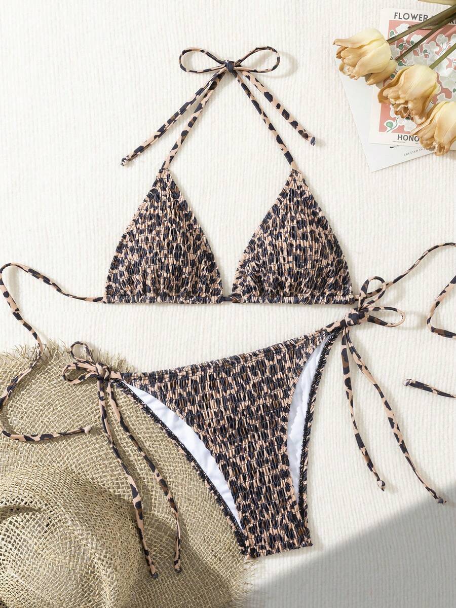 Bikini de dos piezas con estampado de leopardo fruncido y cuello halter, conjunto de baño con tiras de amarre estilo europeo, bestseller todo el año para fiestas en la playa - Marrón y negro - Ver 1