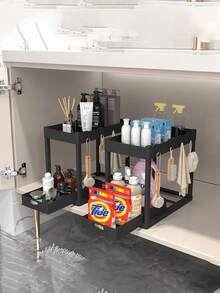 Under Sink Organizer - No Tools Installation,Smooth Rolling Trays,Kitchen Cabinet Storage Rack, Double-Layer Sliding Cabinet Basket Storage Drawer, Multi-Functional Bathroom Collection Basket, Suitable For Storage Under Kitchen Countertops - Black - View 5