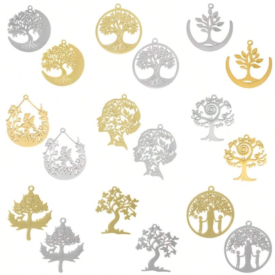 2pcs Fashionable 304 Stainless Steel Gold/Silver Plant & Flower Pattern Pendant, Vacuum Electroplated Durable Craft, Suitable For Necklace, Earrings, DIY Jewelry Making