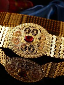 1 pieza Cinturón de bata marroquí chapado en oro metálico, con patrón floral grabado y acentos de rubí sintético, cinturón de joyería para batas de damas árabes, bodas y fiestas