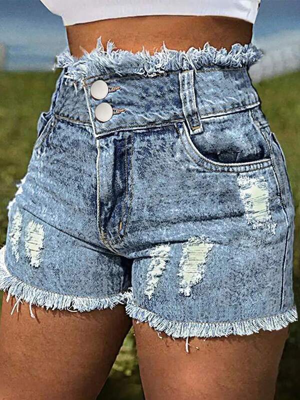 American Vintage High Waist Denim Shorts, Fashionable Frayed Edge Hot Pants