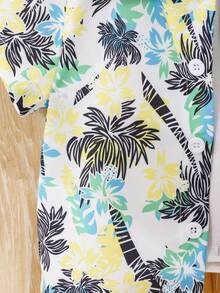 Summer Tropical Coconut Tree Printed Shirt & Casual White Shorts Set - Yellow - View 5