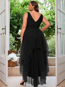 Plus Plunge Neck High Low Hem Mesh Dress - Black - View 8