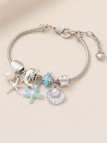 1 件海洋风格项链，带鱼尾、贝壳、海龟、海星、珍珠美人鱼尾巴、可调节铜手链，适合女性、海滩派对、度假和日常佩戴，馈赠佳品