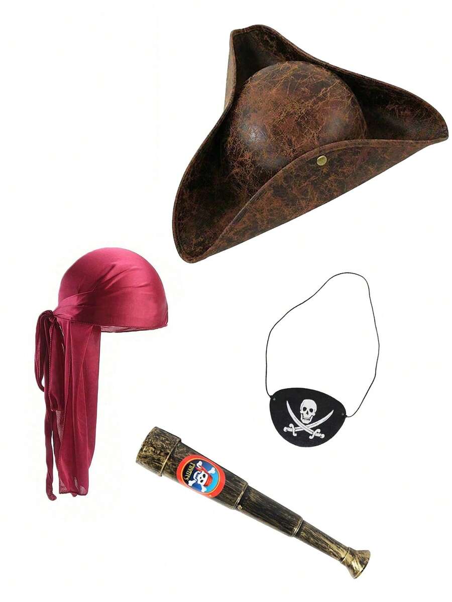 Pirate Hat Set, Role Play, Vintage Pirate Hat, Cosplay Costume, Pirate Hat, Headscarf, Telescope, Eye Patch Set, Suitable For Halloween, Valentine's Day, Gift, Summer, Party, Personalized, Sexy, Party Supplies, Accessory Set, Applicable For Events, Beach, Vacation, Beach, Yacht Party, And Daily Wear Men Women Clothing Winter - Multicolor - View 1