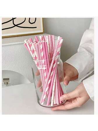 100 Pink Straws, Paper Straws, Suitable For Party Supplies, Birthdays, Weddings, Bridal/Baby Parties, Christmas Decorations, And Holiday Celebrations,School Supplies