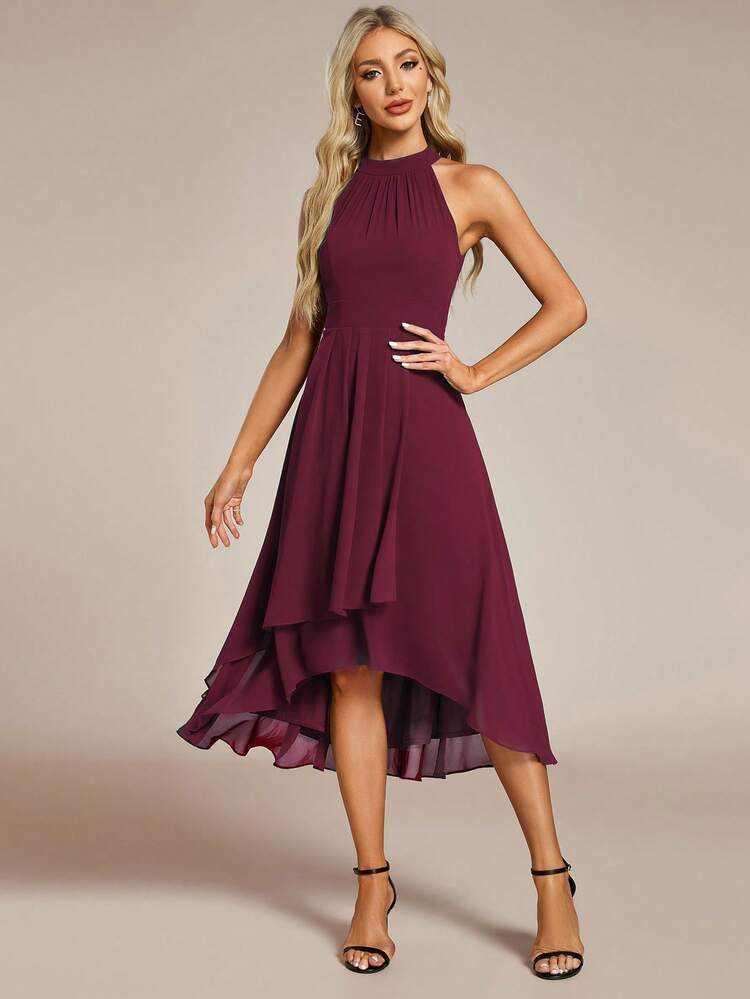 Elegant Ruffle Backless High-Low Hem Chiffon Burgundy Bridesmaid Dress, Wedding Guest Dress, Mid-Length Gown, Suitable For Weddings, Holiday Parties, Formal Dinners, And Other Occasions - Burgundy - View 4