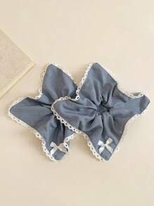 1pc Vintage Denim Blue Bowknot Hair Scrunchie, Elegant Lace Trim Hair Tie, Hair Accessories For Ponytail