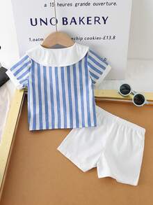 Set de 2 cămașă cu mânecă scurtă, cu guler bleumarin, dungi, cu jumătate de fantă, și pantaloni scurți de culoare uni pentru bebeluși băieți, la modă, casual, potrivit pentru purtare zilnică de vară și vacanță - Multicolor - Vizualizare 3