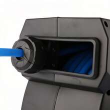 Enrollador de manguera de aire comprimido de 15 m + 2 m, anti-torsión, giratorio 180°, máx. 20 bar, Ø 9,5 mm, con acoplamientos rápidos metálicos monomanuales y soporte de pared.