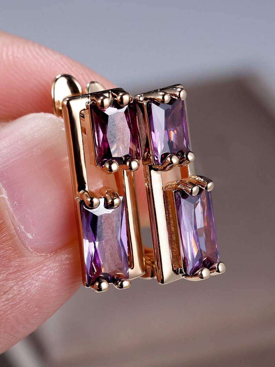 1 Pair Vintage Exquisite Asymmetric Square Cubic Zirconia Earrings, Gifts For Women, Dates, Parties, Birthdays, Holidays - Purple - View 1