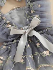 Infant Baby Girls Romper Dress Fly Sleeve Square-Neck Floral Embroidery Tulle Jumpsuit With Bow Headband - Màu xanh lam - Xem 6