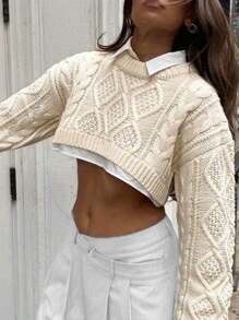 Solid Knit Long Sleeve Crop Top, Crew Neck, Simple & Stylish, Crop Top,Tops For Women,Festival Outfits,Clothes,Going Out Outfits,Crochet Top,Long Sleeve Top