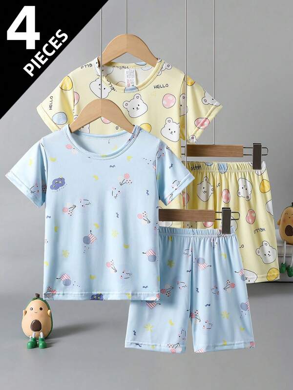 4pcs/Set Kids Short Sleeve Shorts Pajamas Set, Summer Thin Homewear For Boys, Suitable For 4-12 Years Old