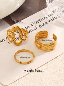 3pcs Stainless Steel Plated Gold Geometric Cross & Ellipse Openwork Rings, Stylish For Women Everyday Wear & Outdoor