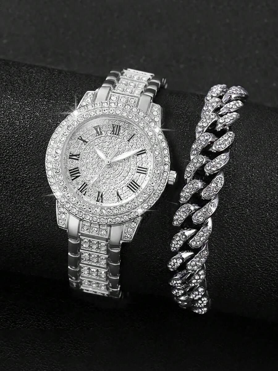 2pcs Fashion Gold Alloy Roman Numeral Rhinestone Quartz Watch & Adjustable Cuban Link Bracelet Set, Party/Birthday Gift Watch Set, Sparkling Silver Party Watch (Cuban Bracelet Detachable & Adjustable) - Silver - View 1