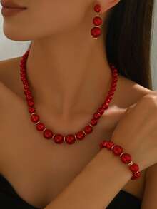 4 件/套优雅女士仿珍珠首饰，复古法式经典风格奢华，包括项链、弹力手链、耳环 - 婚礼迷人时尚配饰