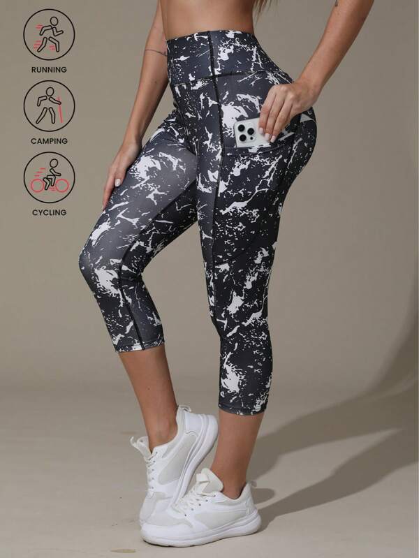 Mallas capri de yoga con estampado de hojas tropicales para mujer | Mezcla de poliéster y spandex | Levantamiento de glúteos, control de abdomen, elásticas | Diseño con bolsillo | Ideal para correr y fitness en interiores