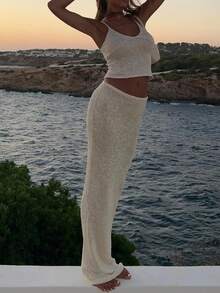 Women Y2k 2 Piece Outfits Knit Sequin Skirt Sets Deep V Neck Sleeveless Backless Spaghetti Strap Tank Tops And Mid Waist Maxi Skirts Summer Casual Slim Fit Sets Beach Party Streetwear Clubwear Aesthetic Clothes - 白色 - 查看 4