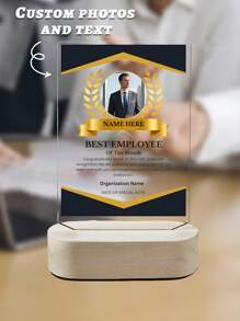 [2D Flat] Acrylic Award Plaques Personalized With Your Text Name And Photo - Plaque With Wooden Stand Customized For Employee Appreciation Recognition Retirement - Custom Awards For Employees Co-Worker Friends, School Supplies,Back To School