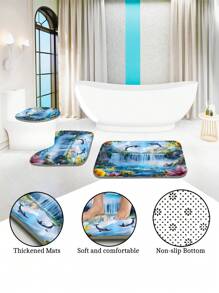 1pc/4pcs Dolphin Waterfall Pattern Multipurpose Bathroom Decor Set Including Waterproof Shower Curtain With 12 Hooks, Anti-Slip Bath Mat, U-Shaped Floor Mat And Round Toilet Lid Cover, Suitable For All Bathroom Scenarios Bathroom Accessories