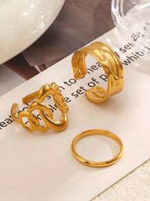 3pcs Stainless Steel Plated Gold Geometric Cross & Ellipse Openwork Rings, Stylish For Women Everyday Wear & Outdoor
