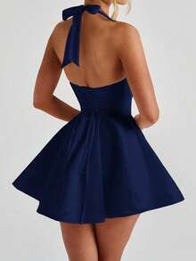 Unadoll Women's Deep V-Neck Bow Decoration Hanging Neck, Exposed Back Strap, Waist Cinching All White Sexy Short Dress, Suitable For Dating Music Festivals, Back To School Clothes, Cocktail Events, Christmas