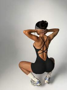 Crisscross Strappy Yoga Romper With V-Waist & Booty Lift, Stretchy Bodysuit For Workout/Beach,Strappy Detail & Lift Effect | Squat-Proof Yoga Bodysuit For Gym/Date Night,Strategic Backless Cutout,Figure-Flattering V-Waist,Clavicle-Accentuating Neckline,Tummy Control,Women's Sexy Backless Jumpsuit Shapewear Bodysuit