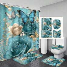 1pc/4pcs Floral Butterfly Multifunctional Bath Decor Set, Including Waterproof Shower Curtain With 12 Hooks, Anti-Slip Bath Mat, U-Shaped Toilet Mat, And Round Toilet Lid Cover, Ideal For Bathroom Scenes Bathroom Accessories Back To School