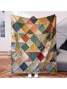 1pc-Colorful Patchwork Floral Quilt, Soft Polyester Throw Blanket With Modern Geometric Design, All-Season Comfort, 200-250gsm Fabric Weight, Machine Washable - Ideal For Home Decor And Naps, Cozy Home Accessory | Vibrant Quilt Design | Durable Polyester, Knitted Flannel Blanket