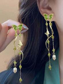 2pcs Green Butterfly Pendant & Pearl Tassel Earrings Set, Perfect Match For Spring/Summer Outfits - Green - View 2