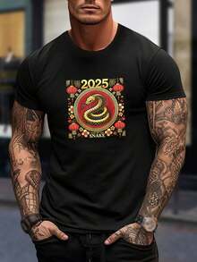 Camiseta de serpiente zodiacal con suerte para hombre - Camiseta del Año Nuevo Chino - Camiseta gráfica de manga corta a la moda - Regalo del Año Nuevo Lunar para él - Camiseta de moda juvenil - Negro - Ver 1