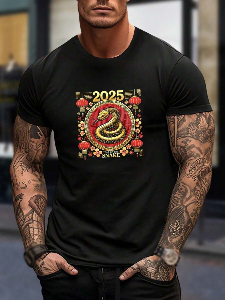 Camiseta de serpiente zodiacal con suerte para hombre - Camiseta del Año Nuevo Chino - Camiseta gráfica de manga corta a la moda - Regalo del Año Nuevo Lunar para él - Camiseta de moda juvenil - Negro - Ver 1