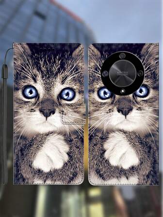 Custodia per telefono con scomparti per carte e supporto, in materiale finto pelle PU, con motivo a gatto, adatto per Redmi, Honor, uso quotidiano e regalo per le vacanze, con cinturino da polso