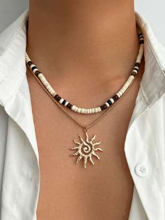 2pcs Fashionable Casual Minimalist Geometric Spiral Sun Seashell Beads Necklace Set, For Men Daily Party Wear