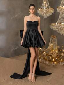 Balloon-Hem Evening Gown With Dramatic Waist Bow Detail – Elegant Formal Bridal Shower Dress For Red Carpet Galas, Black-Tie Wedding Receptions, Luxury Charity Balls, Bride