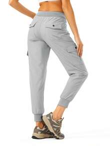 Women's Lightweight Hiking Cargo Pants Outdoor Quick Dry Casual Travel Sweatpants Joggers Elastic Waist Button Pockets - Xám băng* - Xem 2